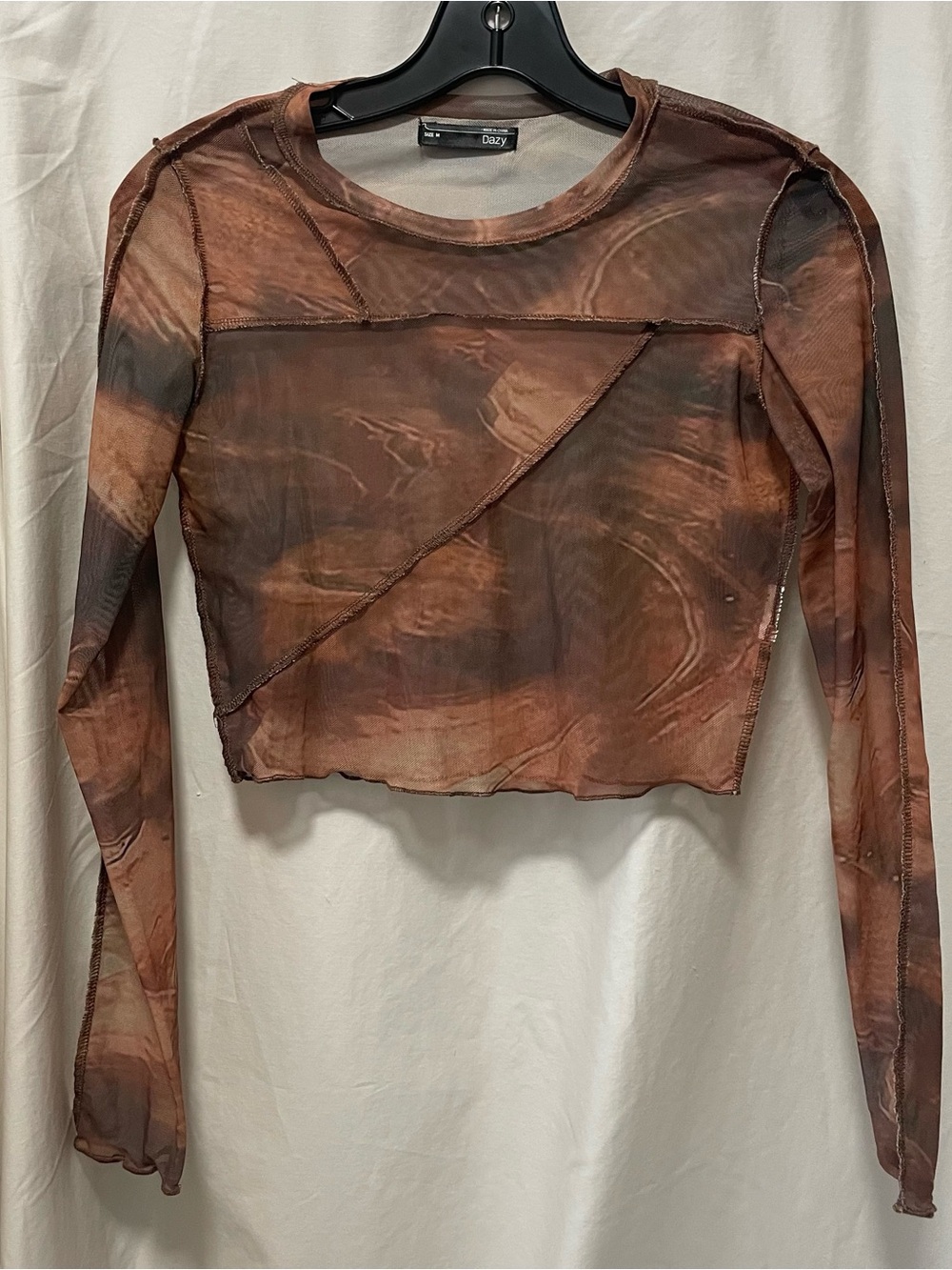 Dazy Brown Marble Sheer Long-Sleeve Crop Top